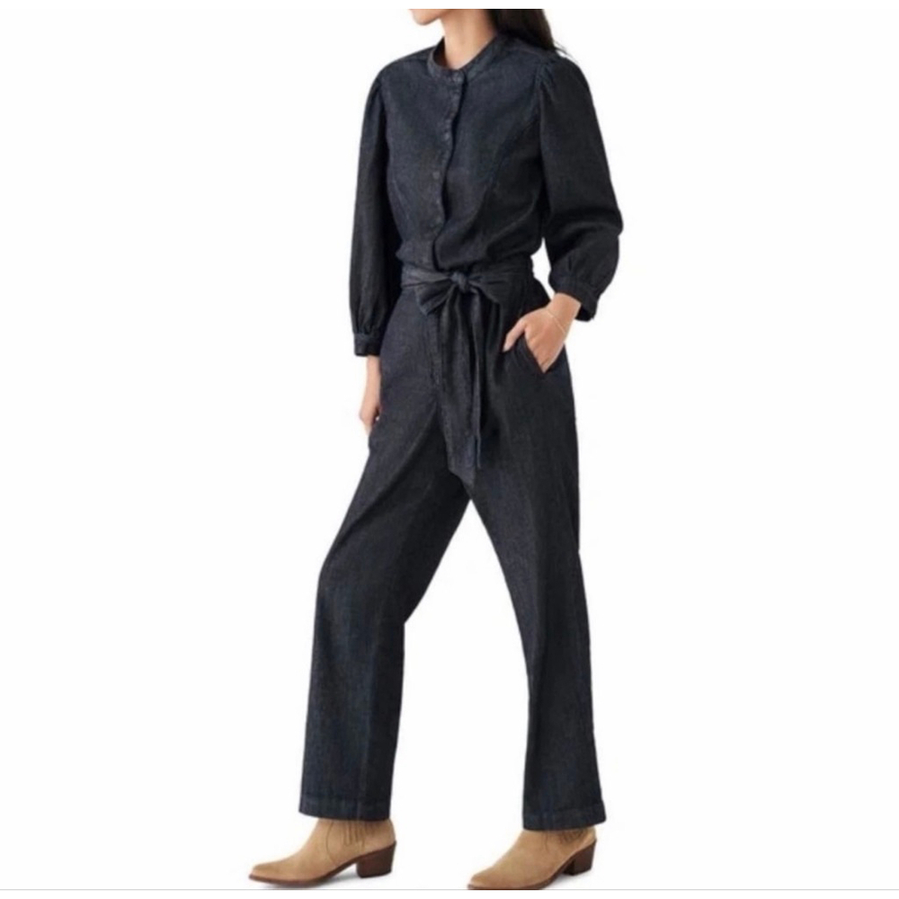 Faherty Dark Blue Denim Belted Puff Sleeve Jumpsuit S